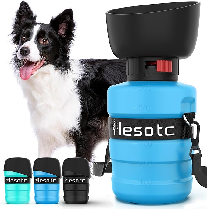Lesotc Dog Water Bottle, Portable Water Dispenser with Bowl, Leak Proof Pet Travel Squeeze Bottle, Puppy Essentials Dog Stuff Accessories for Outdoor Walking, Hiking, Camping, Blue