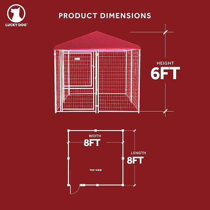 Lucky Dog Stay Series 8' x 8' x 6' Executive Black Powder Coat Steel Frame Large Outdoor Dog Kennel w/Waterproof Canopy Roof & Single Gate Door, Khaki