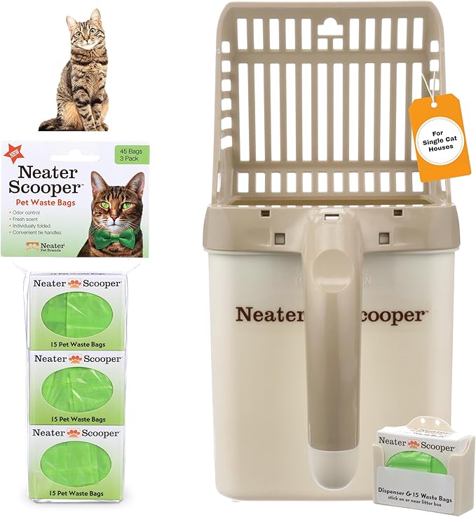 Neater Pet Brands Neater Scooper Standard Cat Litter Scoop, 60 Refill Bags – Mess-Free Cat Litter Scooper with Bag, Spill-Proof Kitty Box Sifter, Bin Doubles as Scoop Holder, For Single-Cat Households