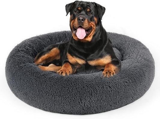 Dog Bed, Cat Calming Bed, Faux Fur Pillow Pet Donut Cuddler Round Plush Bed for Large Medium Small Dogs and Cats (Dark Grey, 44.0" L x 44.0" W x 7.0" Th)