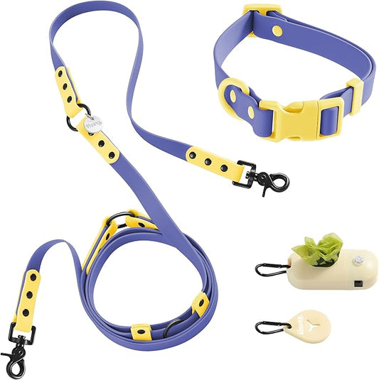 WLK1005C-5SET Luna Medium 8FT Adjustable 6-in-1 Waterproof Hands-Free Leash and Collar with LED Flashlight, Bag Dispenser, and Poop Bag Holder, Curaçao