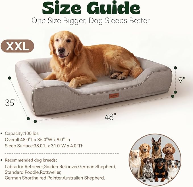 Cooling Orthopedic Extra Dog Beds with Washable Removable Cover,Cool Gel Memory Foam Couch Bed for Jumbo Dogs with Non-Slip Bottom and Egg-Crate Foam Big Waterproof,48.0" LX30.0 WX9.0 Th Beige