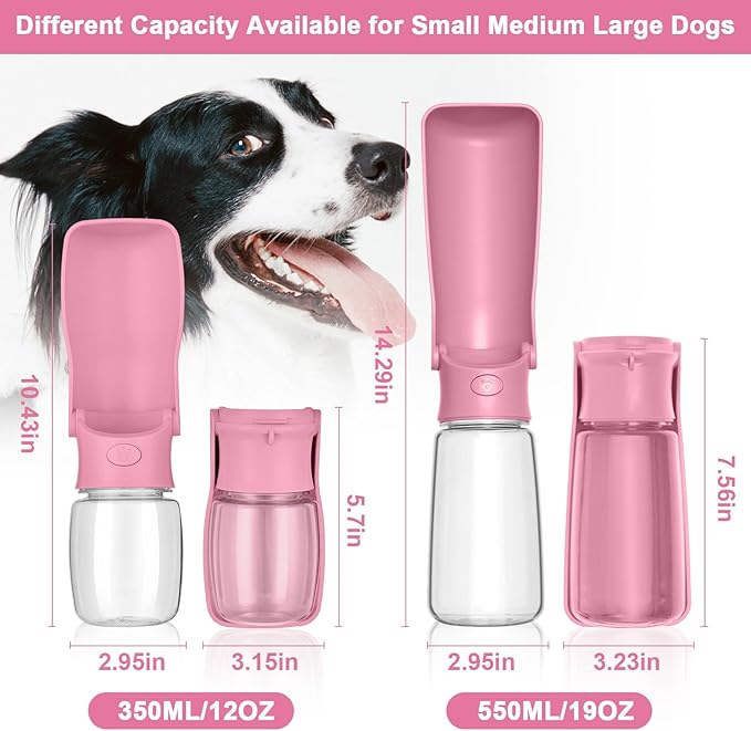 Portable Dog Water Bottle - Foldable Dog Water Dispenser | Leak Proof & Food Grade Plastic Travel | Pet Water Bottle for Cat Outdoor Walking Hiking Travel（US） (Pink, 19oz)