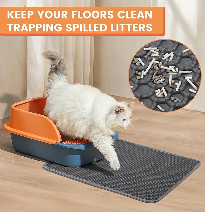 23.6” x15.7” Cat Litter Mat, Litter Trapping mat, cat mat for Litter Box, cat Litter mat Small, Honeycomb Double Layer Design, Waterproof & Urine Proof, Scatter Control, Non-Slip, Grey, 1 Pack