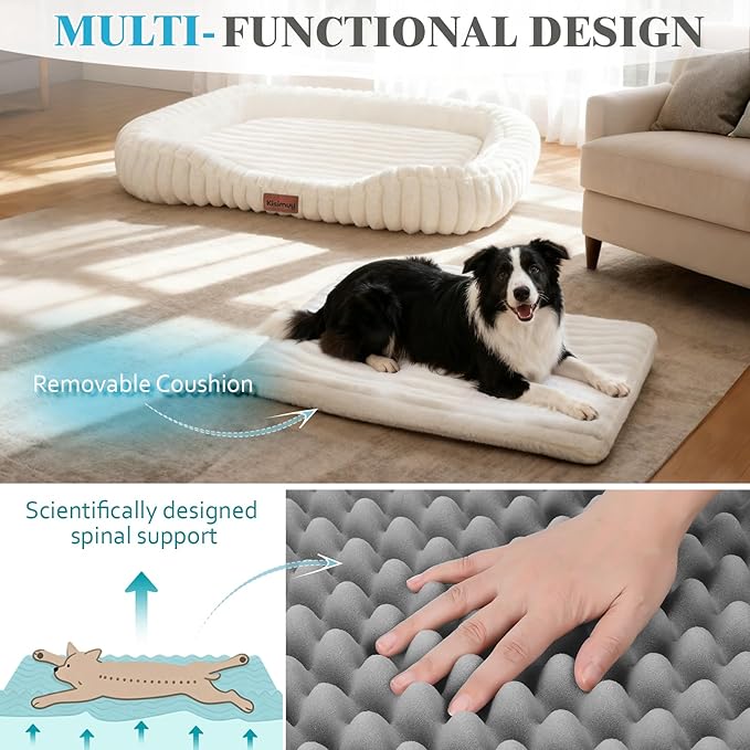 Washable Dog Bed for Extra Large Dogs - XL Soft Plush Furry Calming Dog Bed with Removable Zipper Cover, Orthopedic Rectangle Anti-Anxiety Pet Kennel Bed with Handle, 43x31x5inches, Cream