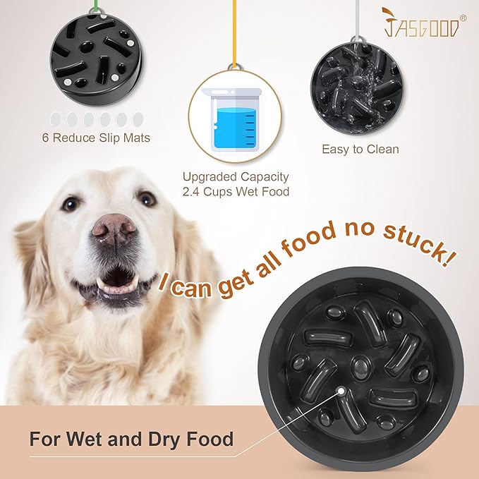 JASGOOD Dog Slow Feeder Bowl - Reduce Slip Puzzle Bowl for Elevated Pet Feeders - Interactive Bloat Stop Dog Dishes - Dark Gray, Fit Opening 7.5"-8"