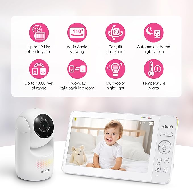 VTech 7" Baby Monitor with IPS Screen, Pan Tilt Zoom Camera, No WiFi Video Baby Monitor with Camera and Audio, Multi-Color Night Light, 2-Way Talk, Lullabies, Advanced HQ Max
