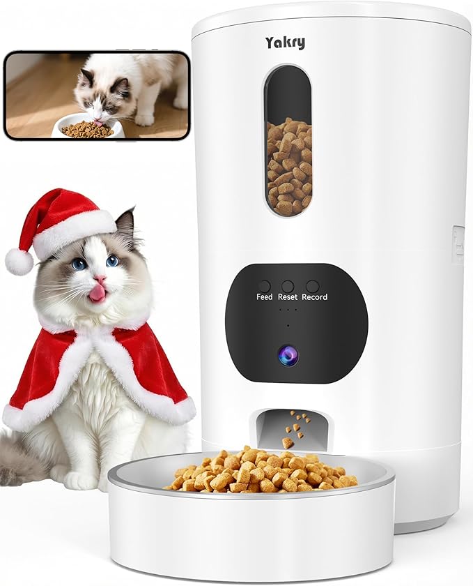 Yakry Automatic Cat Feeder with Camera - 5G WiFi Easy Setup App Control Cat Dry Food Dispenser with Stainless Steel Bowl, 4L/17 Cups, HD 1080P Video with Night Vision for Small Pets Indoor