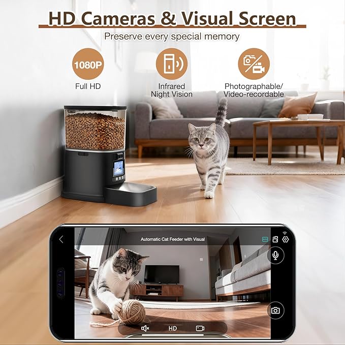Automatic Cat Feeder with 2-Way Video/Audio, 5L Pet Feeder with 1080P HD Camera Features 45° Downward Tilt Adjustment, Supports 5G/2.4G WiFi Cat Food Dispenser with APP Control for Cats & Small Dogs