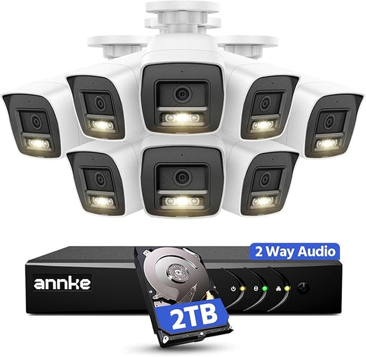 ANNKE 2MP Two-Way Audio Security Camera System, 8CH 3K Lite DVR, 8pcs 1080P CCTV White Wired Cams with Color Night Vision, AI Motion Detection, Smart AcuSearch, 2TB HDD for Outdoor Home Surveillance