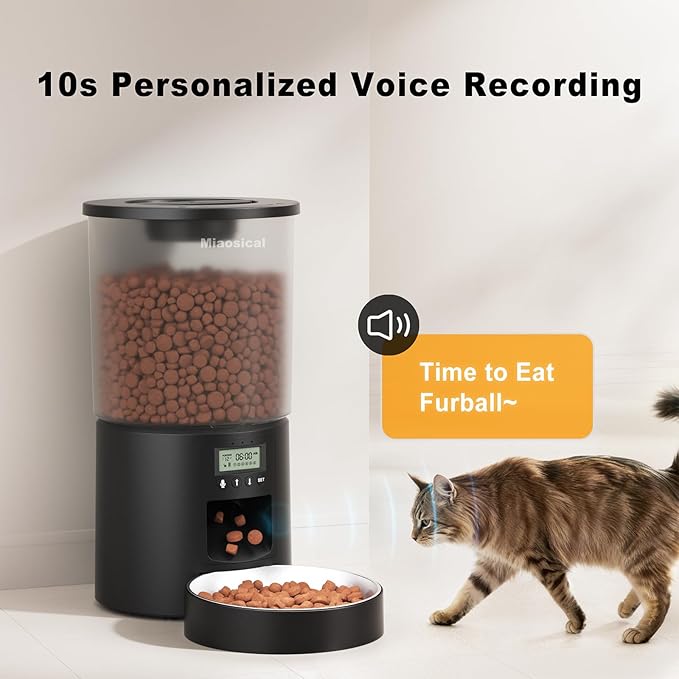Automatic Cat Feeder with Dual Power Supply,Programmable 1-6 Meals Control Dry Cat Food Dispenser for Small Dog,Flexible Schedule Timer,10S Voice Record (Black, 4.2L Basic Model)
