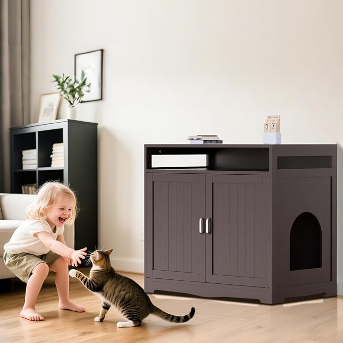 Cat Litter Box Enclosure, Hidden Litter Box Furniture with Built-in Power Outlet, Indoor Cat House, Cat Washroom Furniture, End Side Table for Hallway & Bedroom