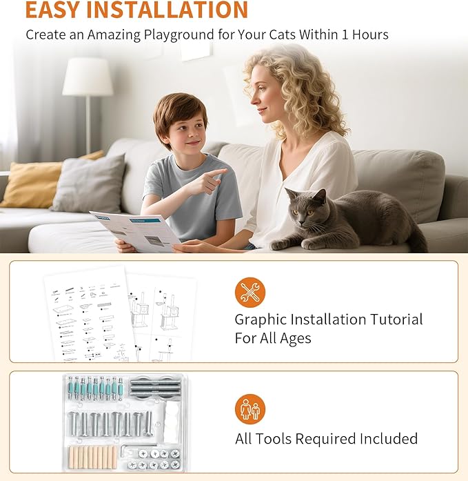 Made4Pets Cat Tree, Modern Cat Tree Tower for Indoor Cats - 65" Tall Wood Condo with Hammock, Scratching Post and Removable Pads for Small Large Cats, White