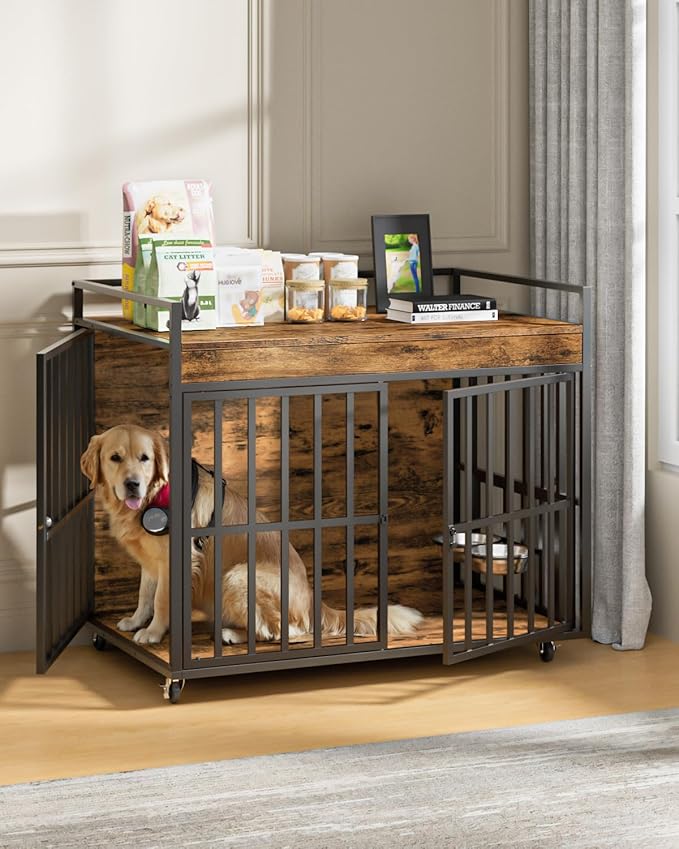 43 Inch Dog Crate Furniture, Heavy Duty Dog Kennel with 3 Doors, 2 Adjustable Bowls and Lockable Wheels, Wooden Dog House for Large Dogs, End Table Dog Cage, Rustic Brown