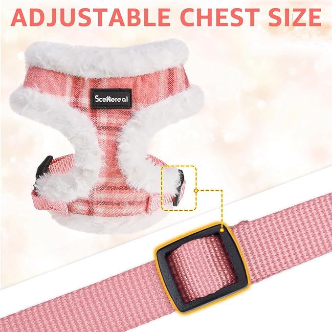 SCENEREAL Small Dog Harness Collar and Leash Set, Mesh Plush No Pull Puppy Vest Harness, Warm Fleece No Chock Step in Small Pet Halter for Outdoor Walking Training, Pink Plaid XS
