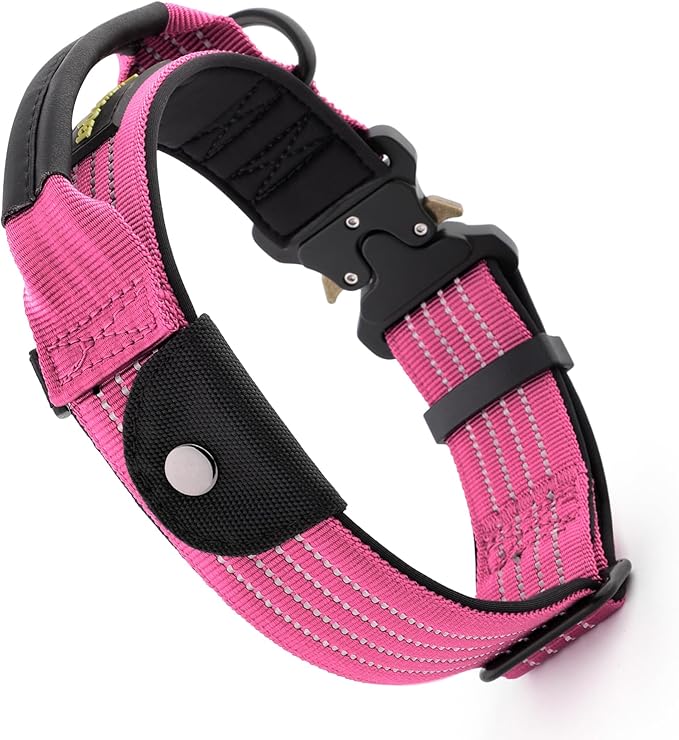 Plutus Pet Tactical Dog Collar with Tracker Packet for AirTag, Adjustable Reflective Nylon Collar, Metal Buckle, Leather-Wrapped Handle, Soft Padded for Medium Large Dogs (Pink, M)