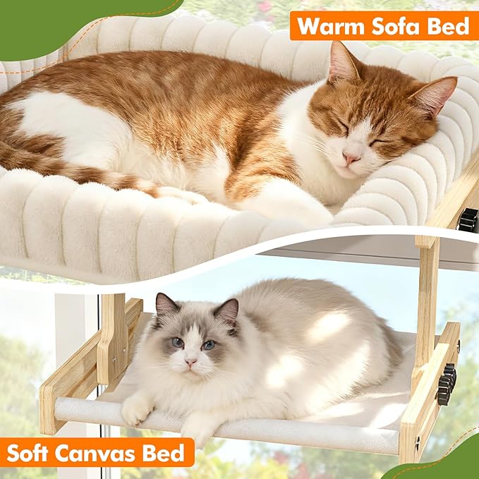Cat Perch for Window XiaZ Cats Hammock Indoor Cat Bed for Window Wall Shelves Adjustable 50LB Bearing Wooden Frame W/Detachable Washable Cushion Perfect for Bird Watching Sunbathing Double Layer