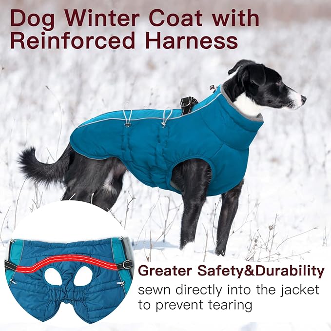 Dog Winter Jacket - Large, Warm Zip Up Snowsuit Dog Harness Vest, Reflective, Water-Resistant, Green