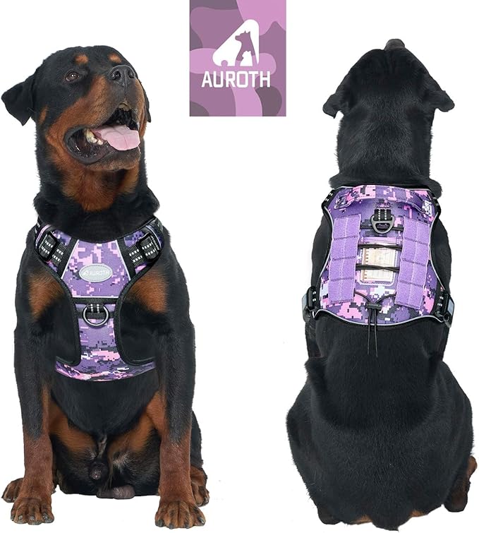 Auroth Tactical Dog Harness for Small Medium Large Dogs No Pull Adjustable Pet Harness Reflective K9 Working Training Easy Control Pet Vest Military Service Dog Harnesses (L, Purple Camo)