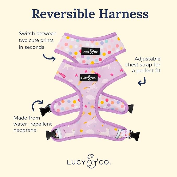 Lucy & Co. Cute Reversible Dog Harness Walking Halter - Best Designer Pet Harnesses for XS - XL Dogs - Padded Adjustable Vest for Easy Walking (Large, Unicorn Magic - Purple & Pink Unicorns)