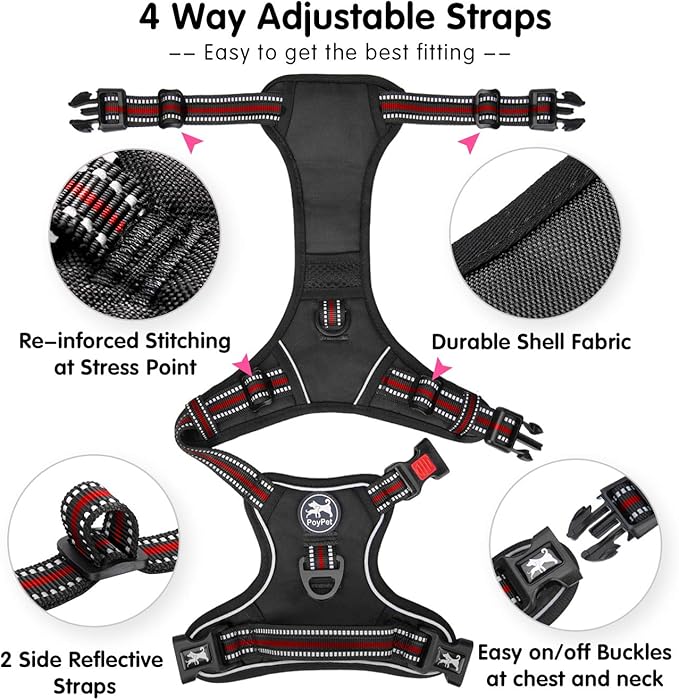 PoyPet No Pull Dog Harness, [Release on Neck] Reflective Adjustable No Choke Pet Vest with Front & Back 2 Leash Attachments(Black+Red,M)