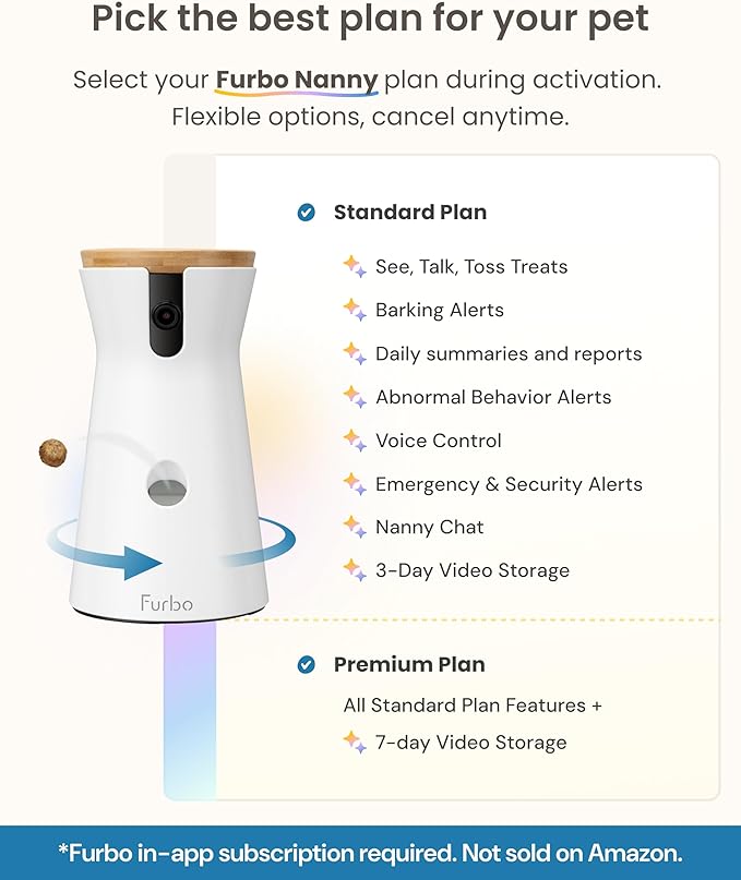 Furbo 360° Dog Camera [Subscription Required] Unlock w/Paid Plan: Home Security & Dog Safety Alerts, Rotating Pet Treat Toss w/ 2-Way Speaker, Smart Cam w/Phone App (Low Risk, 3mo Min. Cancel Anytime)