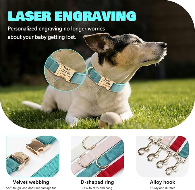 Velvet Personalized Dog Collar with Name - Customizable Dog Collar with Quick Release Metal Buckle - Leash and Bow Tie Available (Dark Cyan, S)