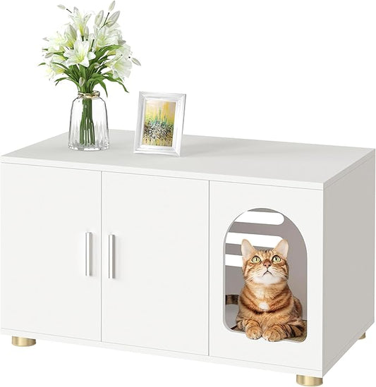 Cat Litter Box Enclosure Furniture, Modern Stackable Litter Box Cabinet with Cat Scratch Mat, Side Table (White)