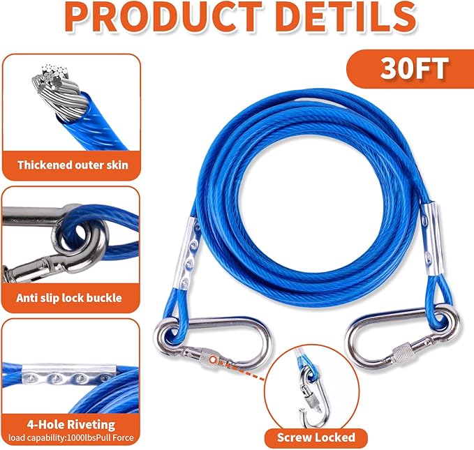 Dog Tie Out Stake with 30ft Cable, Heavy Duty 200lb Capacity, Double 360° Swivel Design, Outdoor Yard & Camping Ground Anchor for Large Dogs (Dog Stake+30ft Cable/200lbs)