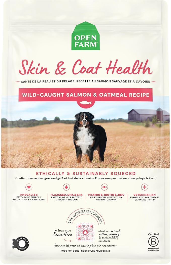 Open Farm, Skin & Coat Health Dog Food, Veterinarian Formulated Kibble with Salmon Oil and Vitamin E to Support Healthy Skin & A Shiny Coat, Wild-Caught Salmon & Oatmeal Recipe, 4lb Bag