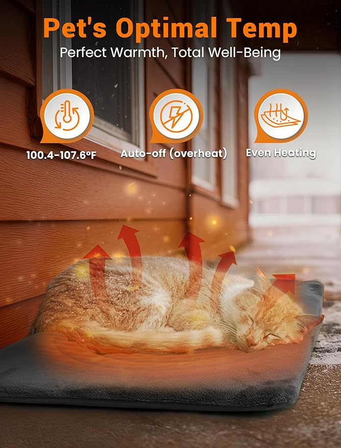 PETNF Outdoor Pet Heating Pad for Cats & Dogs, 100.4-107.6°F Auto Temp Control, Waterproof Fireproof, for Cat House/Dog Kennel/Carport, Fits Domestic & Stray Pets (Gray 15.7"X19.7")