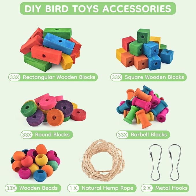 Bird Toys for Parrot, 165 Pcs Colorful Multi-Shaped DIY Wooden Blocks Craft, Birds Cage Chewing Playing Training Toy for Cockatoos, Macaws, African Grey and Small Medium Parrots