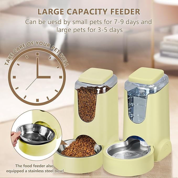 HWONMTE Portable Automatic Cat Feeder and Water Dispenser with Stainless Steel Bowl Dog Gravity Food Feeder and Waterer for Small Medium Pets Puppy Kitten 1 Gallon x 2 (Cream Yellow)