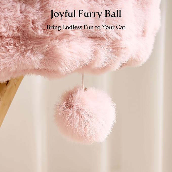 Solid Wood Cat Tree, Modern Cat Tree Tower for Large Indoor Cats, Natural Real Pear Wooden Aesthetic Cat Condo with Scratching Post for Adult Kittens-Pink