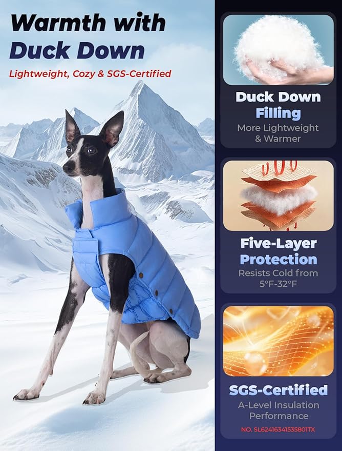 SPACE LION Dog Puffer Jacket, Down Winter Coat, Durable Outdoor Coat for Cold and Windy Conditions, Lightweight & Adjustable Fit Coats for Medium & Large Dogs,(Blue, Size16/XL)
