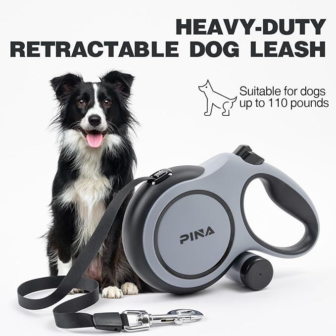 PINA Upgraded Retractable Dog Leash, 26 ft Dog Leash for Small Medium Large Dogs Up to 110lbs, Heavy Duty Reflective Nylon Tape 360° Tangle-Free, with Anti-Slip Handle, One-Handed Brake, Pause, Lock
