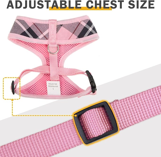 SCENEREAL Puppy Dog Harness with Leash Set for Small Medium Sized Dogs, Soft Mesh Step in Pet Harnesses and Leash, No Chock Plaid Adjustable No Pull Vest for Dogs Cats, Chihuahua,Bulldog (Pink M)