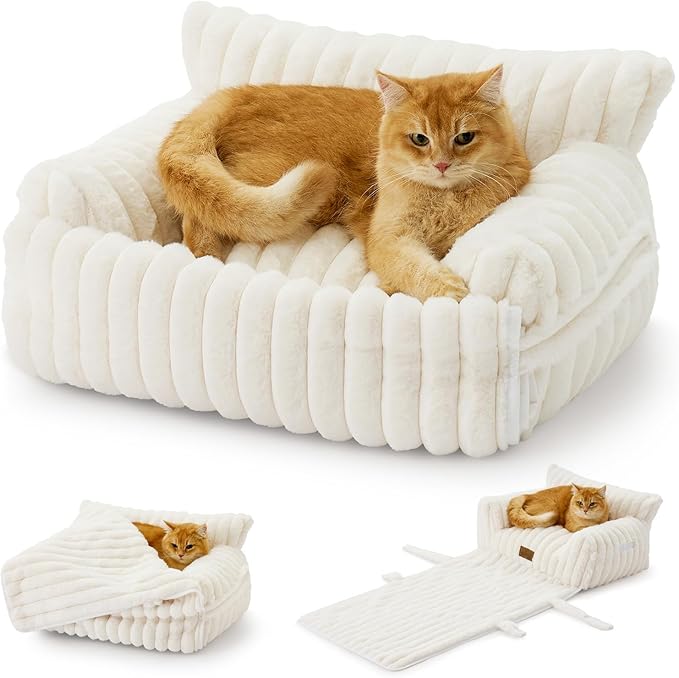Cute Cat Bed with Removable Cover, Multifunctional Plush Faux Fur Pet Couch Bed with Blanket, Ultra-Soft Pet Furniture for Cats & Small Dogs (Cream, S: 25.5''x17.5'')