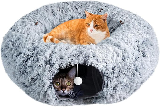 Cat Tunnels for Indoor Cats, Under Christmas Tree Grey Cat Tunnel Donut with Washable Circle Cushion for Cats, Pet Peekbaboo Cave Cat Tunnel Bed for Kitten