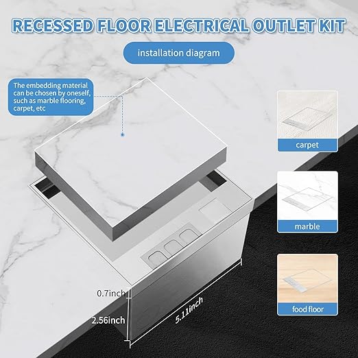 Vagueior Recessed Flat Hidden Floor Electrical Outlet Kit,with 4 * 15A Receptacle+1 * 5V 2.1A USB Charging Ports+2-Port RJ45 Datacom Receptacle，Waterproof Electrical Outlet Covcer Box,Silver