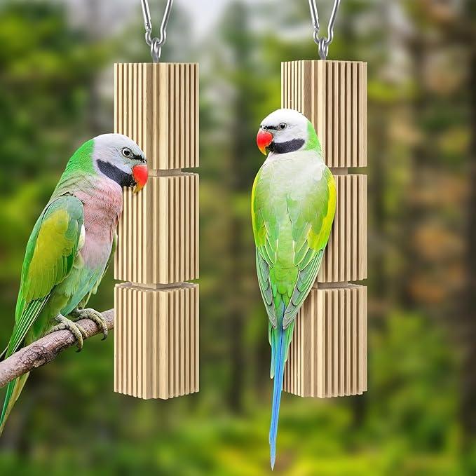 2 Pcs Bird Chew Toys, Natural Hanging Parrot Foraging Beak Grinding Wood Blocks, Birds Cage Accessories for Quaker, Caique, Conure, Cockatiel, African Grey
