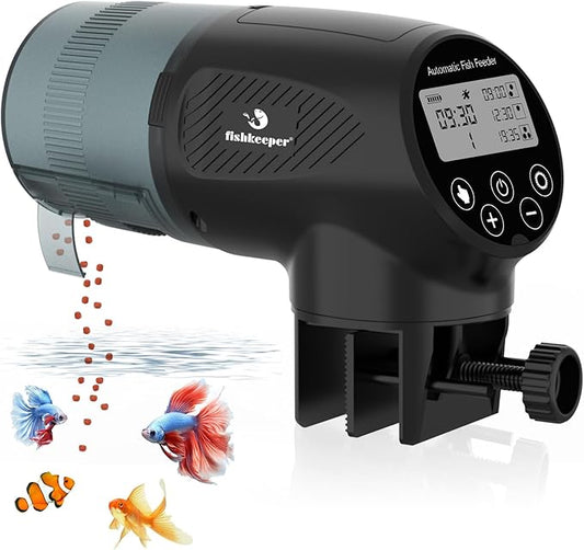fishkeeper Automatic Fish Feeder for Aquarium - Moisture-Proof and Precision Feeding Auto Fish Food Dispenser with LCD Display Adjustable Betta Vacation Feeder with 2 AA Batteries (200ml)