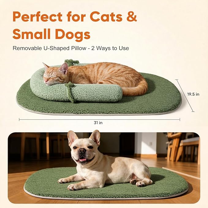 Self Warming Cat Bed Mat with Soft U-Shaped Pillow– Thickened Calming Cat Bed for Kittens and Small Dogs – Portable Washable Cats Warming Pad for Indoor or Travel Use,Green