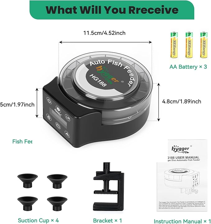 hygger Automatic Fish Feeder for Aquarium: Auto Fish Food Dispenser with LED Display & Timer, Precision Auto Aquarium Vacation Feeder for Fishes with 3 AA Batteries for Betta Turtle Goldfish