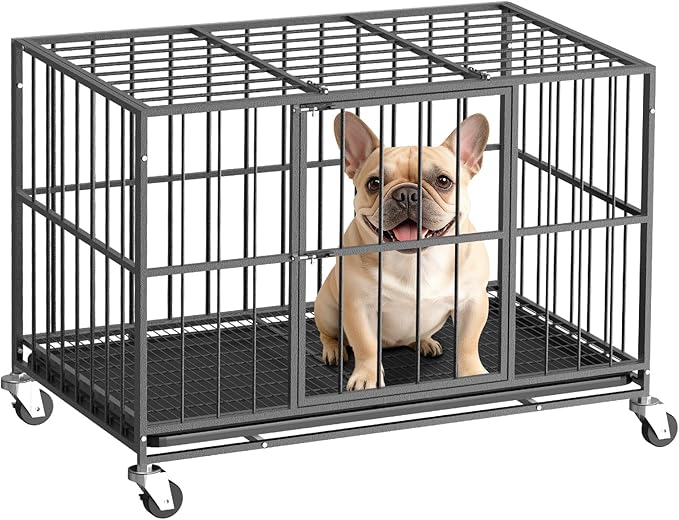 Heavy Duty Indestructible Dog Crate 38in with Removable Trays, Escape-Proof Double Door for High Anxiety Dog, Kennel with Lockable Wheels for Medium Large XL XXL Dogs