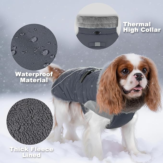 KYEESE Waterproof Dog Coat, Windproof Warm Winter Jacket with Thick Fleece Lined, Cozy Turtleneck Dog Coats for Large Dogs with Leash Hole, Reflective Outdoor Cold Weather Coat, Gray, XXX-Large