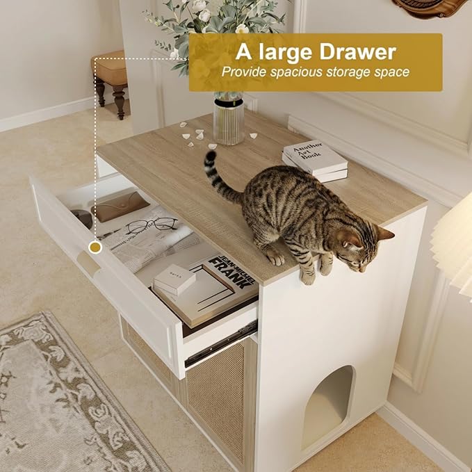 Cat Litter Box Enclosure Furniture Hidden - Indoor 2-in-1 Wooden Cat House & Washroom Cabinet with Scratching Board Doors and Drawer, 31.5”x21.6”x34.6”H