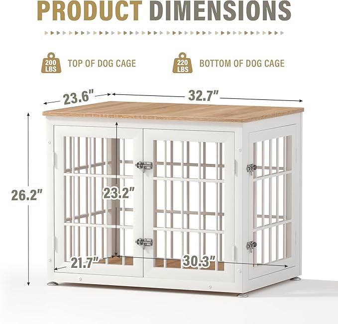 32 Inch Heavy Duty Dog Crate Furniture for Medium and Small Dogs, Decorative Pet House End Table, Wooden Cage Kennel Furniture Indoor, Natural and White