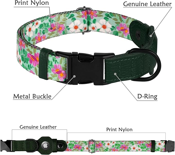 AirTag Dog Collar with Metal Buckle - Printed Nylon Soft Leather Dog Collar with Apple AirTag Holder - Secure Tracking GPS Pet Collars for Girl Boy Small Large Dogs (M, 14"-18" Neck Fit, Floral)