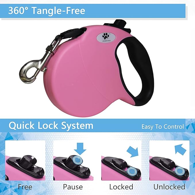 16 ft Retractable Dog Leash for Large Dogs up to 110 lbs,Tangle-Free Nylon Tape,Pink L